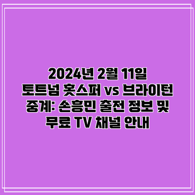 2024년 2월 11일 토트넘 홋스퍼 vs 브라이턴 중계: 손흥민 출전 정보 및 무료 TV 채널 안내